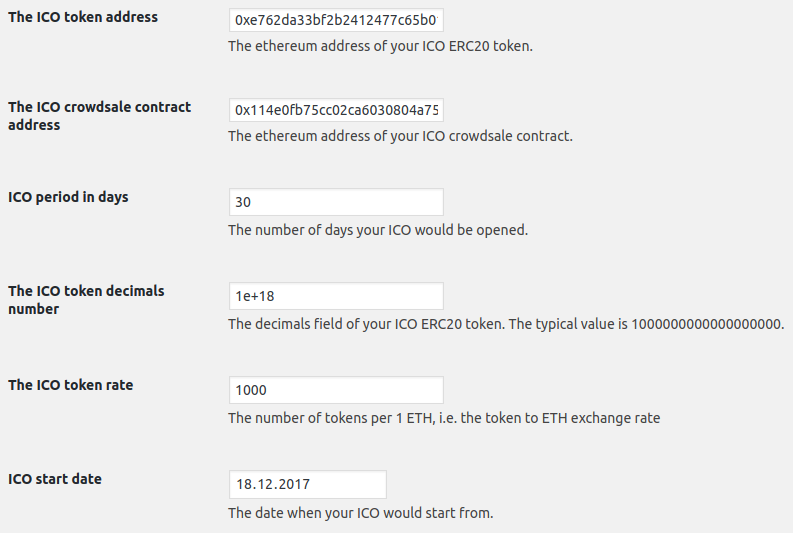 Wordpress ICO Ethereum Plugin Settings example