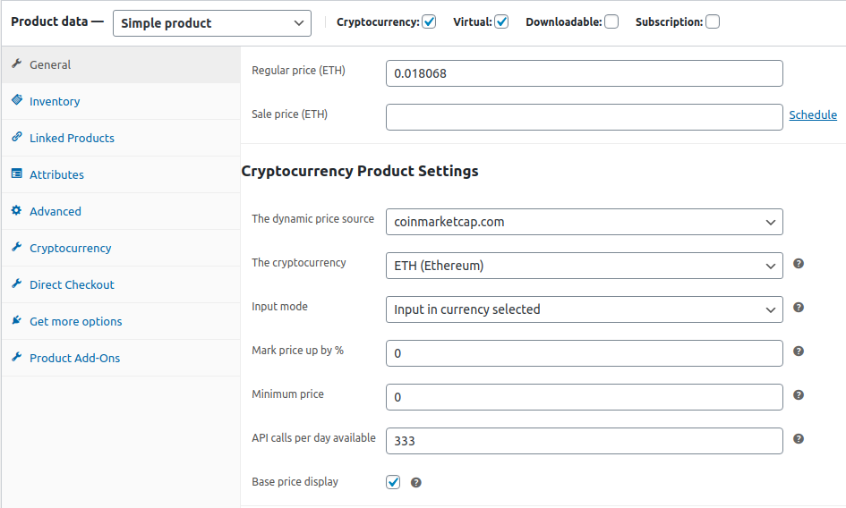 Token product configuration example