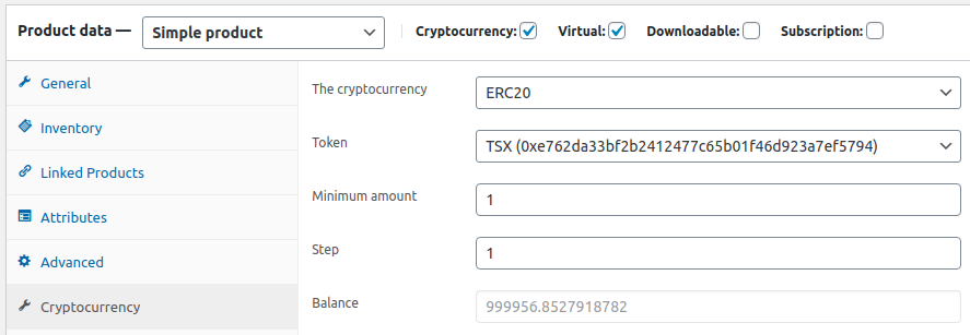 Token product configuration example