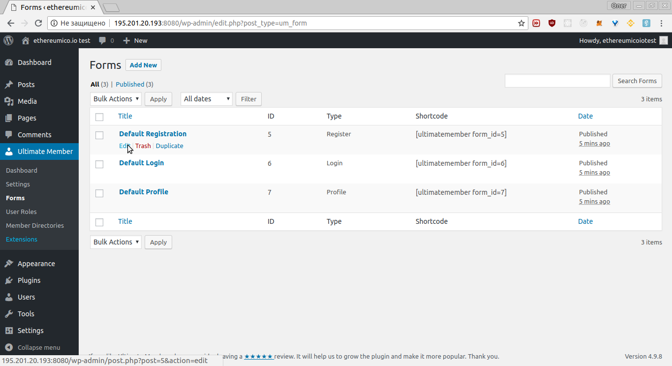 WordPress user registration form