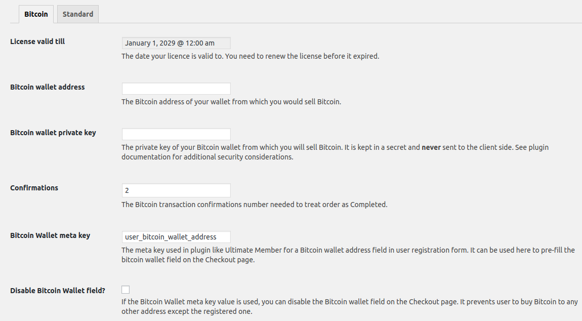 Bitcoin WordPress Plugin Settings