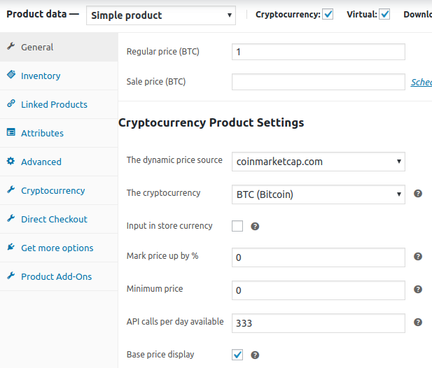 Bitcoin Product Dynamic Price settings