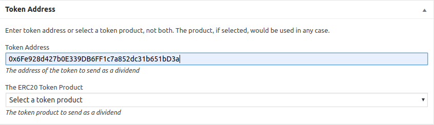 Token address or product can be specified