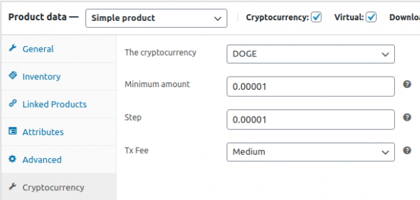 Dogecoin Product Settings