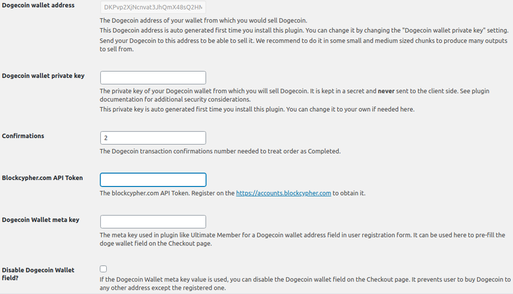 Dogecoin WordPress Plugin Plugin Settings