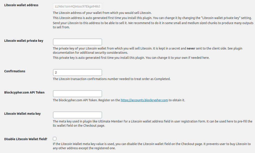 WordPress Litecoin Plugin Settings