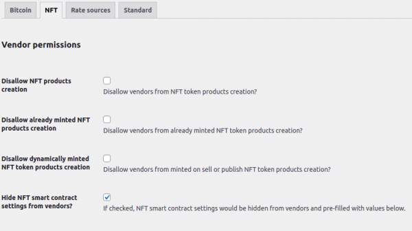 NFT vendor settings