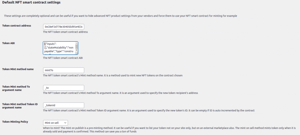 NFT Minting Settings example