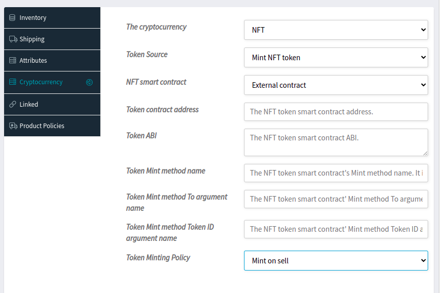 wordpress nft marketplace website plugin NFT Token Minting Settings
