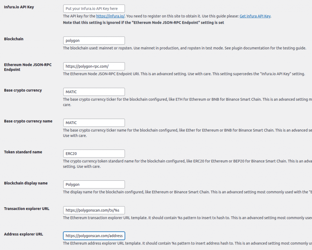 Polygon (MATIC) WordPress Plugin Blockchain Settings page