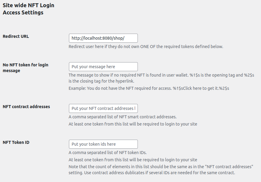 The EthPress NFT Access Add-On site wide settings.